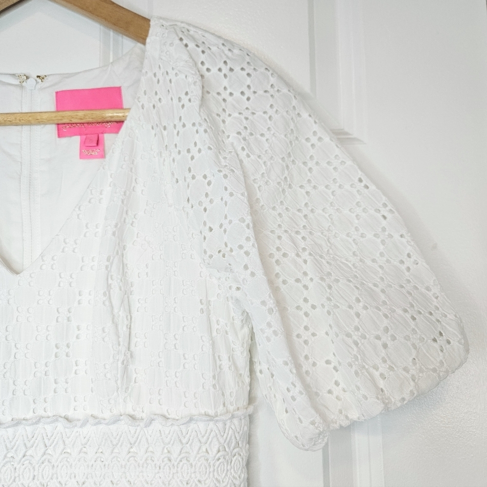 LILLY PULITZER Jazlyn Puff Sleeve Eyelet Jacquard Dress in Resort White XS 0 - Picture 4 of 9